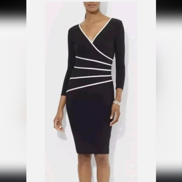 Lauren Ralph Lauren Dress Women's Sheath Black Cream V Neck 3/4 Sleeve Sz 16 - Picture 4 of 14